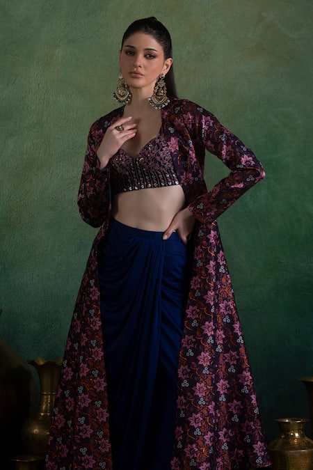 Lashkaraa_Blue Brocade, Satin, Net Embroidery, Bloomy Woven Jacket And Draped Skirt Set_Online_at_Aza_Fashions