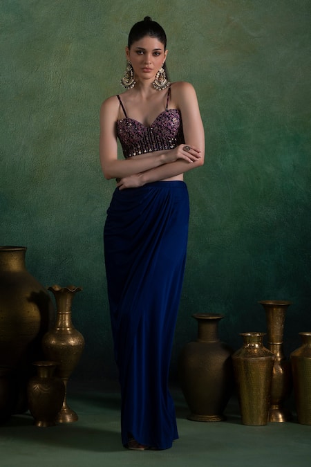 Lashkaraa_Blue Brocade, Satin, Net Embroidery, Bloomy Woven Jacket And Draped Skirt Set_at_Aza_Fashions