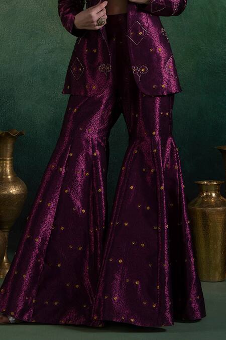 Lashkaraa_Purple Brocade, Satin Sequins, Zari Crest Bloom Woven Blazer And Gharara Set_Online_at_Aza_Fashions
