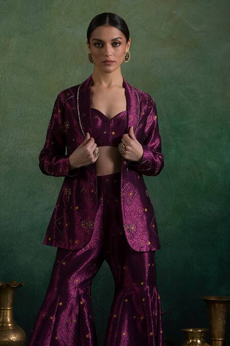 Buy_Lashkaraa_Purple Brocade, Satin Sequins, Zari Crest Bloom Woven Blazer And Gharara Set_Online_at_Aza_Fashions