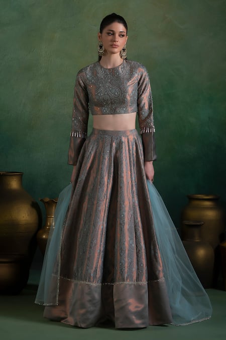 LASHKARAA Crest Blossom Woven Brocade Lehenga Set 