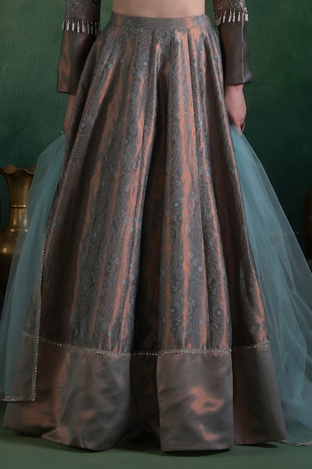 Lashkaraa_Blue Brocade, Net Sequins, Zari, Embroidery Crest Blossom Woven Lehenga Set_Online_at_Aza_Fashions