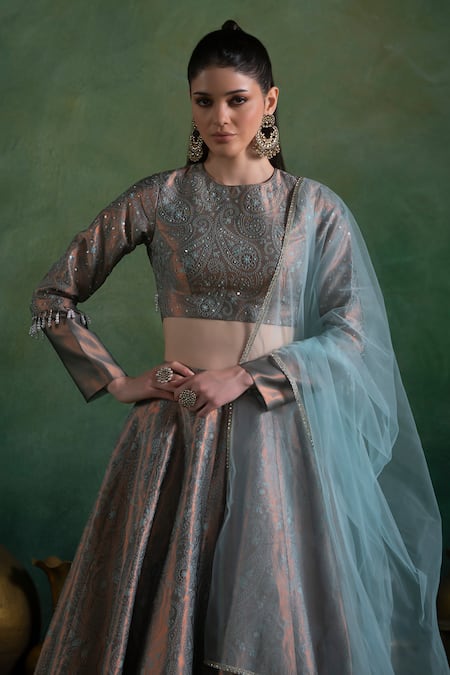 Buy_Lashkaraa_Blue Brocade, Net Sequins, Zari, Embroidery Crest Blossom Woven Lehenga Set_Online_at_Aza_Fashions