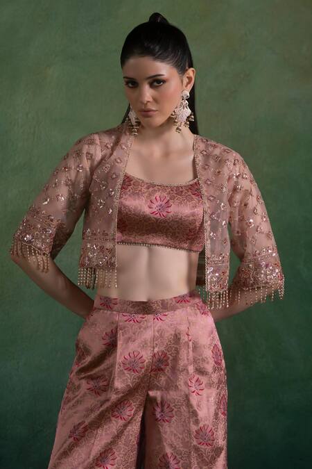 Buy Lashkaraa Peach Brocade, Net Sequins, Zari, Embroidery Round Neck Bloom Jaal Set Online at Aza Fashions Buy_Lashkaraa_Peach Brocade, Net Sequins, Zari, Embroidery Round Neck Bloom Jaal Set_Online_at_Aza_Fashions