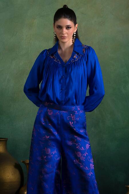 Lashkaraa_Blue Silk, Crepe, Brocade Sequins, Zari, Embroidery Collared And Pant Set_Online_at_Aza_Fashions