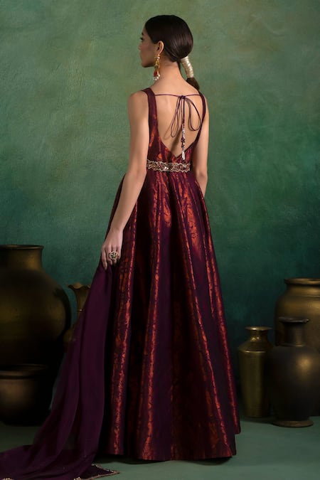 Shop Lashkaraa Wine Brocade, Satin, Organza Embroidery Blossom Jaal Woven Anarkali And Dupatta at Aza Fashions Shop_Lashkaraa_Wine Brocade, Satin, Organza Embroidery Blossom Jaal Woven Anarkali And Dupatta_at_Aza_Fashions