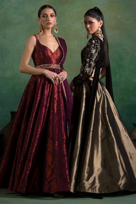 Lashkaraa Wine Brocade, Satin, Organza Embroidery Blossom Jaal Woven Anarkali And Dupatta Online at Aza Fashions Lashkaraa_Wine Brocade, Satin, Organza Embroidery Blossom Jaal Woven Anarkali And Dupatta_Online_at_Aza_Fashions