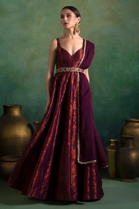 Buy Lashkaraa Wine Brocade, Satin, Organza Embroidery Blossom Jaal Woven Anarkali And Dupatta Online at Aza Fashions Buy_Lashkaraa_Wine Brocade, Satin, Organza Embroidery Blossom Jaal Woven Anarkali And Dupatta_Online_at_Aza_Fashions