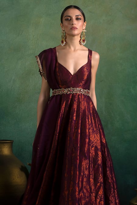 Lashkaraa Wine Brocade, Satin, Organza Embroidery Blossom Jaal Woven Anarkali And Dupatta at Aza Fashions Lashkaraa_Wine Brocade, Satin, Organza Embroidery Blossom Jaal Woven Anarkali And Dupatta_at_Aza_Fashions