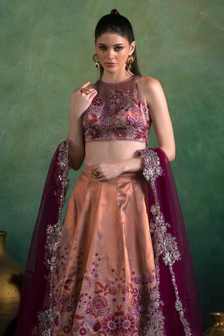 Lashkaraa_Pink Brocade, Satin, Net Sequins, Embroidery, Zari Flora Woven Lehenga Set_Online_at_Aza_Fashions