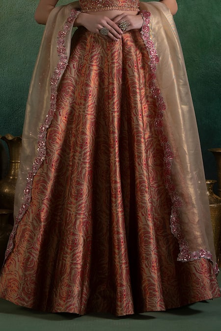 Buy_Lashkaraa_Maroon Brocade, Satin, Organza Zari, Sequins Floral Woven Lehenga Set _Online_at_Aza_Fashions
