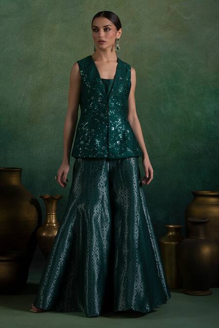 Lashkaraa Green Silk, Brocade Zari, Sequins, Embroidery V-neck Garden Bloom Gharara Set Online at Aza Fashions Lashkaraa_Green Silk, Brocade Zari, Sequins, Embroidery V-neck Garden Bloom Gharara Set_Online_at_Aza_Fashions