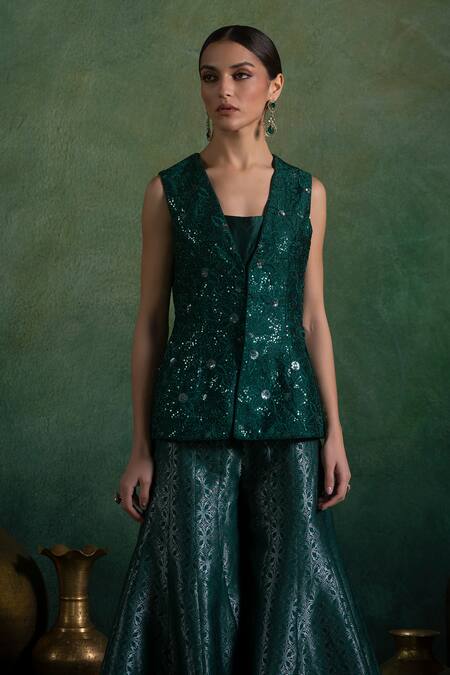 Buy Lashkaraa Green Silk, Brocade Zari, Sequins, Embroidery V-neck Garden Bloom Gharara Set Online at Aza Fashions Buy_Lashkaraa_Green Silk, Brocade Zari, Sequins, Embroidery V-neck Garden Bloom Gharara Set_Online_at_Aza_Fashions