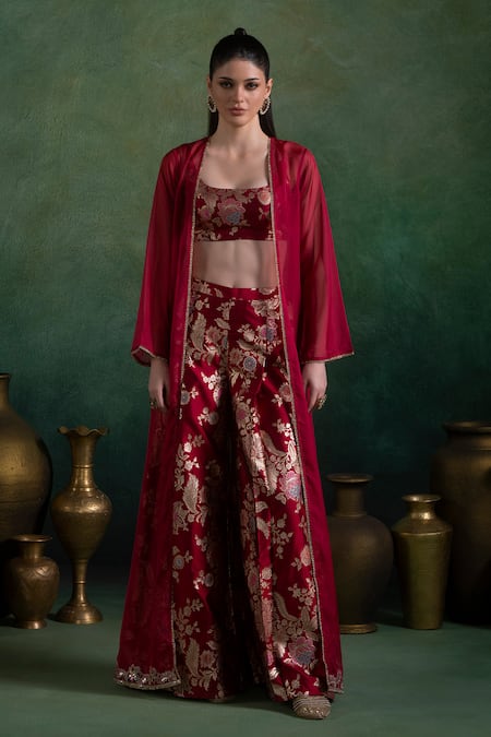 LASHKARAA Red Organza Jacket & Flared Pant Set 