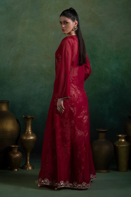 Shop Lashkaraa Red Brocade, Organza, Satin Embroidery, Lace Open Neck Jacket And Flared Pant Set at Aza Fashions Shop_Lashkaraa_Red Brocade, Organza, Satin Embroidery, Lace Open Neck Jacket And Flared Pant Set_at_Aza_Fashions