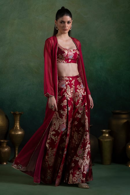 Lashkaraa Red Brocade, Organza, Satin Embroidery, Lace Open Neck Jacket And Flared Pant Set Online at Aza Fashions Lashkaraa_Red Brocade, Organza, Satin Embroidery, Lace Open Neck Jacket And Flared Pant Set_Online_at_Aza_Fashions