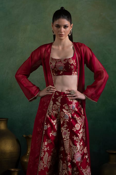 Buy Lashkaraa Red Brocade, Organza, Satin Embroidery, Lace Open Neck Jacket And Flared Pant Set Online at Aza Fashions Buy_Lashkaraa_Red Brocade, Organza, Satin Embroidery, Lace Open Neck Jacket And Flared Pant Set_Online_at_Aza_Fashions