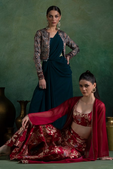 Lashkaraa Red Brocade, Organza, Satin Embroidery, Lace Open Neck Jacket And Flared Pant Set at Aza Fashions Lashkaraa_Red Brocade, Organza, Satin Embroidery, Lace Open Neck Jacket And Flared Pant Set_at_Aza_Fashions