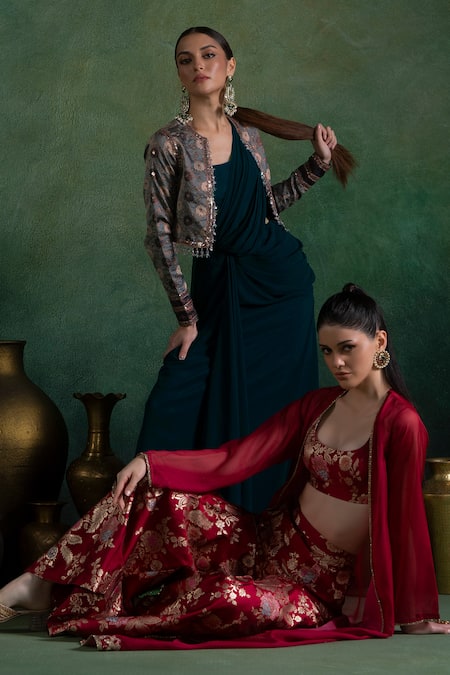 Buy Lashkaraa Red Brocade, Organza, Satin Embroidery, Lace Open Neck Jacket And Flared Pant Set Buy_Lashkaraa_Red Brocade, Organza, Satin Embroidery, Lace Open Neck Jacket And Flared Pant Set