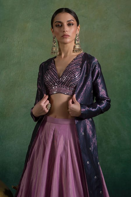 Lashkaraa Purple Brocade, Net, Silk, Satin Zari, Persian Bloom Woven Jacket And Lehenga Set Online at Aza Fashions Lashkaraa_Purple Brocade, Net, Silk, Satin Zari, Persian Bloom Woven Jacket And Lehenga Set_Online_at_Aza_Fashions