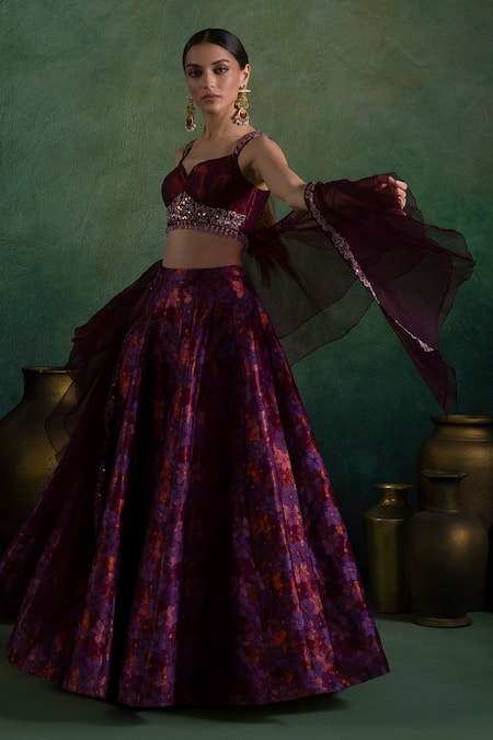 Buy_Lashkaraa_Maroon Brocade, Net, Satin Sequins, Zari, Persian Blossom Lehenga Set _Online_at_Aza_Fashions