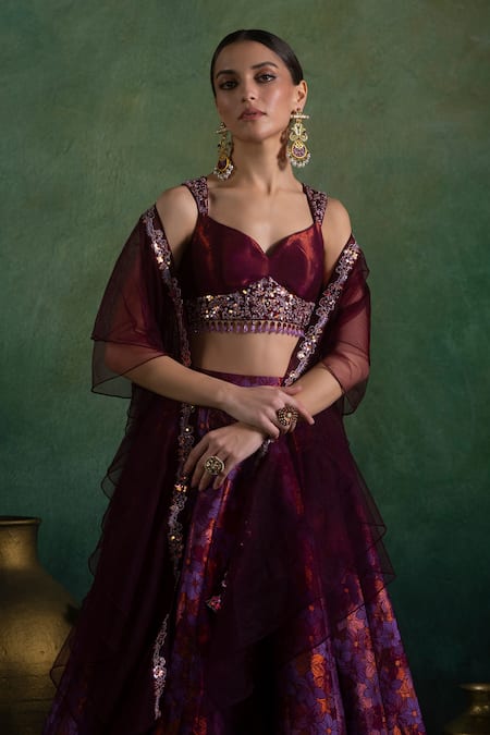 Shop_Lashkaraa_Maroon Brocade, Net, Satin Sequins, Zari, Persian Blossom Lehenga Set _Online_at_Aza_Fashions