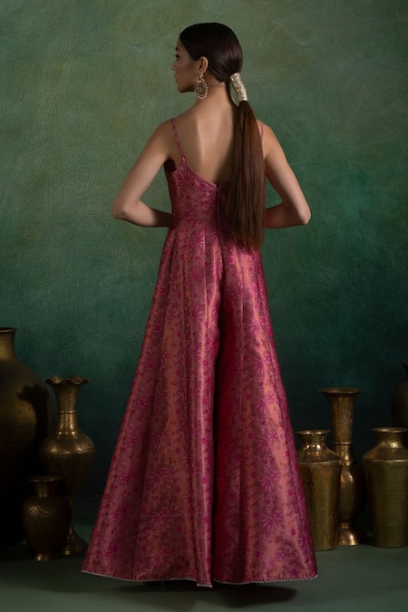 Shop Lashkaraa Pink Brocade, Satin Embroidery Open Neck Woven Jumpsuit With Flora Bloom at Aza Fashions Shop_Lashkaraa_Pink Brocade, Satin Embroidery Open Neck Woven Jumpsuit With Flora Bloom_at_Aza_Fashions
