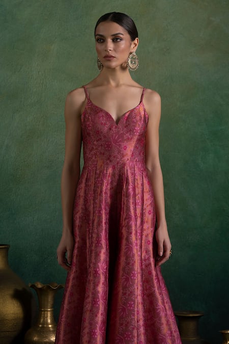 Lashkaraa Pink Brocade, Satin Embroidery Open Neck Woven Jumpsuit With Flora Bloom Online at Aza Fashions Lashkaraa_Pink Brocade, Satin Embroidery Open Neck Woven Jumpsuit With Flora Bloom_Online_at_Aza_Fashions