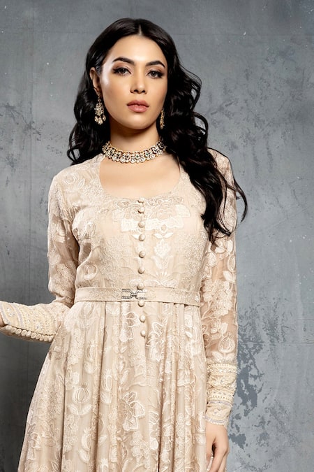 Neeta Lulla_Beige Organza, Chiffon, Brocade Cut Work, Sequins, Tropical Floral Anarkali Set _Online_at_Aza_Fashions