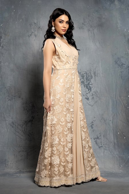 Neeta Lulla_Beige Organza, Chiffon, Georgette 3d Floral Embroidered Anarkali And Jacket Set _Online_at_Aza_Fashions