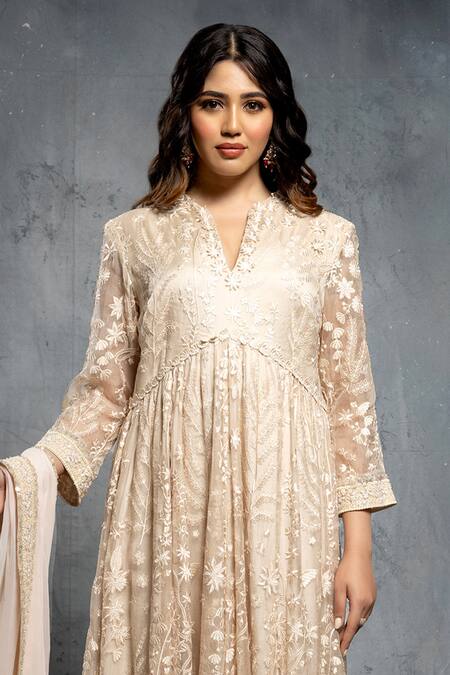 Neeta Lulla_Beige Organza, Chiffon Sequins, Cut 3d Floral Embroidered Anarkali And Dupatta _Online_at_Aza_Fashions
