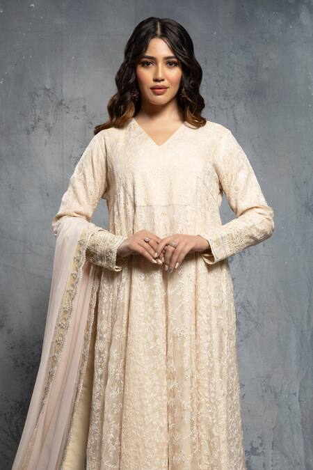 Neeta Lulla_Beige Organza, Chiffon Cut Work, Sequins, Tropical Floral Anarkali Set _Online_at_Aza_Fashions