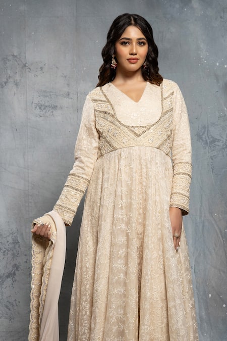 Neeta Lulla_Beige Organza, Georgette Embroidery, Sequins, Floral Vine Anarkali And Dupatta _Online_at_Aza_Fashions