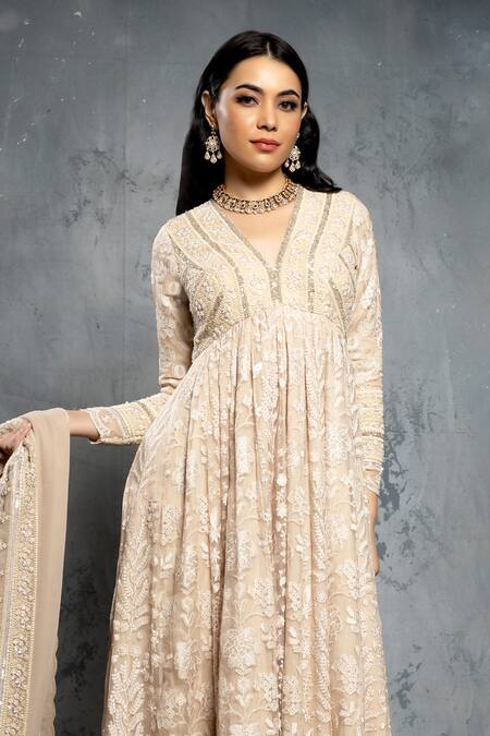 Neeta Lulla_Beige Organza, Chiffon Embroidery, Sequins, Floral Anarkali Set With Dupatta _Online_at_Aza_Fashions