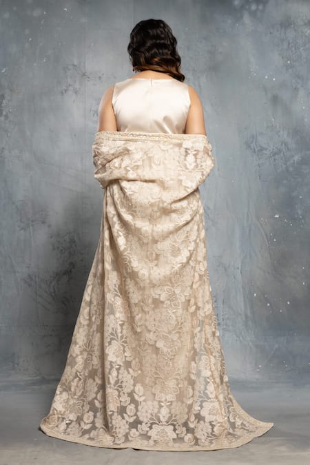 Neeta Lulla Beige Pleated Gown & Floral Embroidered Jacket 