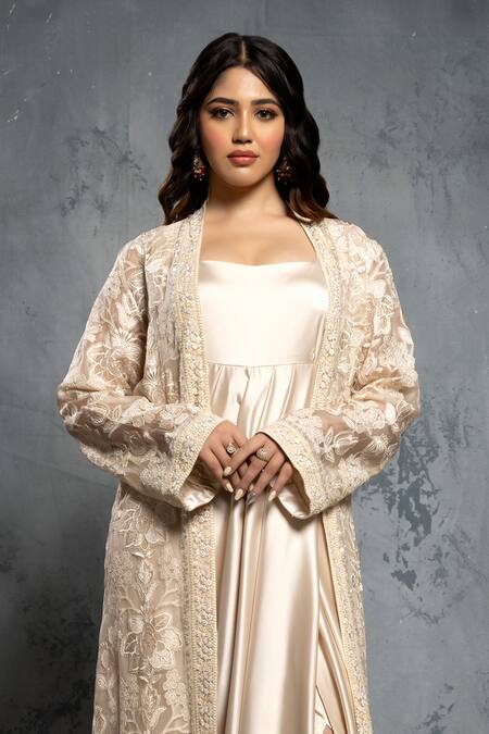Neeta Lulla_Beige Organza, Satin Cut Work, Sequins, Stones, Pleated Gown And Floral Jacket _Online_at_Aza_Fashions