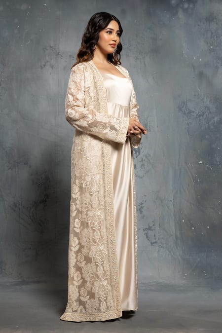 Buy_Neeta Lulla_Beige Organza, Satin Cut Work, Sequins, Stones, Pleated Gown And Floral Jacket _Online_at_Aza_Fashions