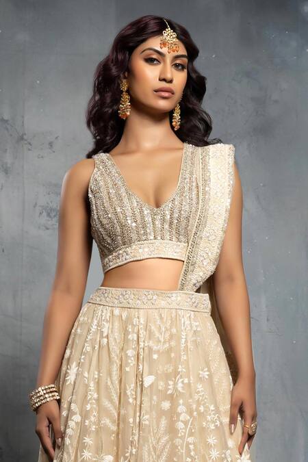 Buy_Neeta Lulla_Beige Organza, Tulle Sequins, Cut Work, Stones Floral Applique Lehenga Set _Online_at_Aza_Fashions