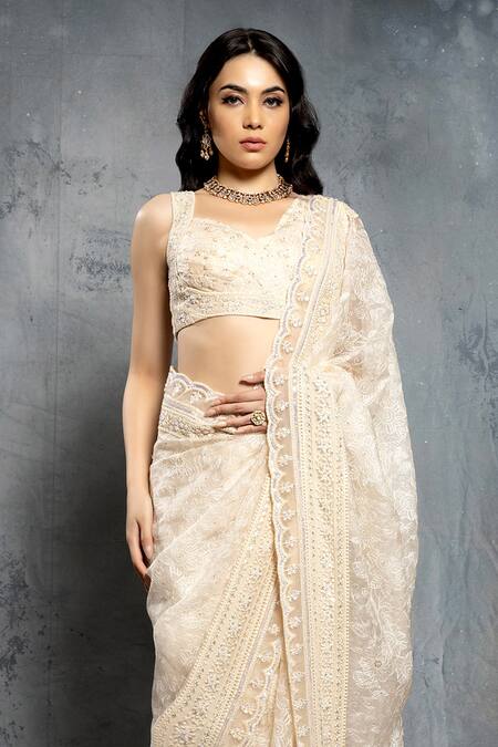 Neeta Lulla_Beige Organza Sequins, Cut Work, Stones, Floral Ecru Saree And Blouse Set _Online_at_Aza_Fashions