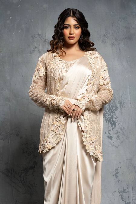Neeta Lulla_Beige Tulle, Satin Cut Work, Sequins, Embroidery 3d Floral Jacket Saree Set _Online_at_Aza_Fashions