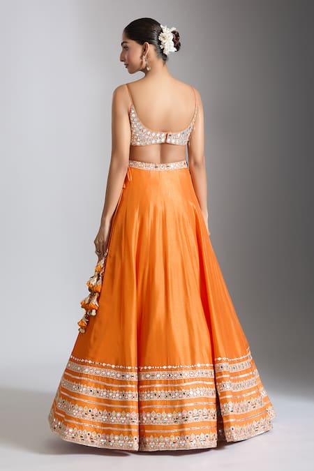 Gopi Vaid Mirror Embellished Orange Lehenga Set 