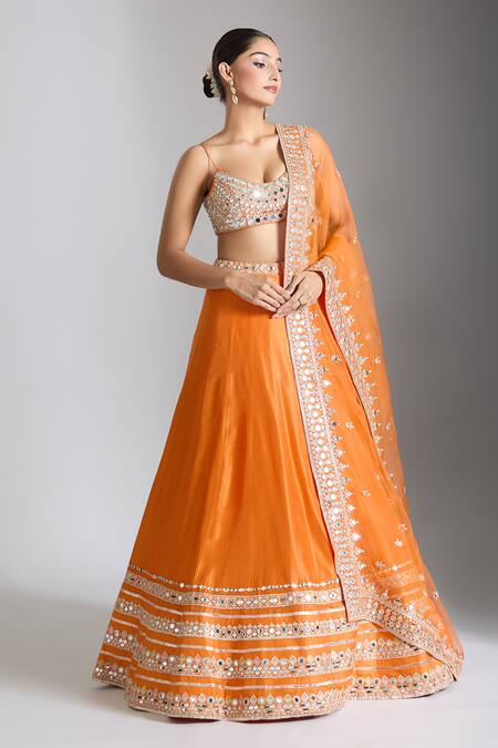 Buy_Gopi Vaid_Orange Tussar, Organza, Satin Mirrors, Embroidery Embellished Lehenga Set _Online_at_Aza_Fashions