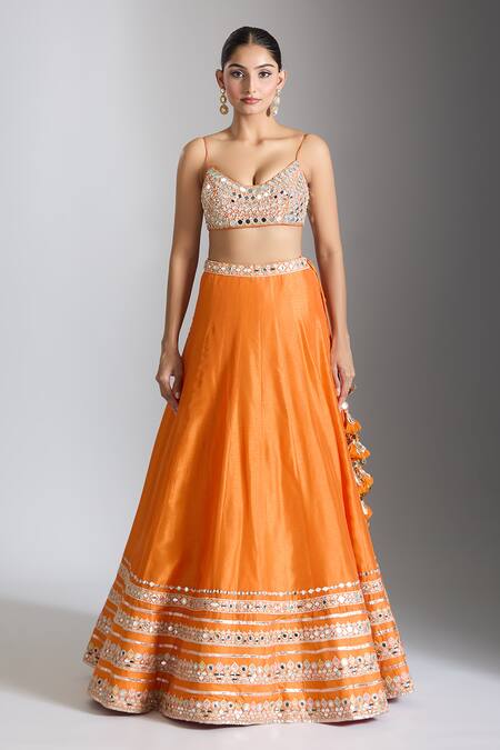 Shop_Gopi Vaid_Orange Tussar, Organza, Satin Mirrors, Embroidery Embellished Lehenga Set _Online_at_Aza_Fashions