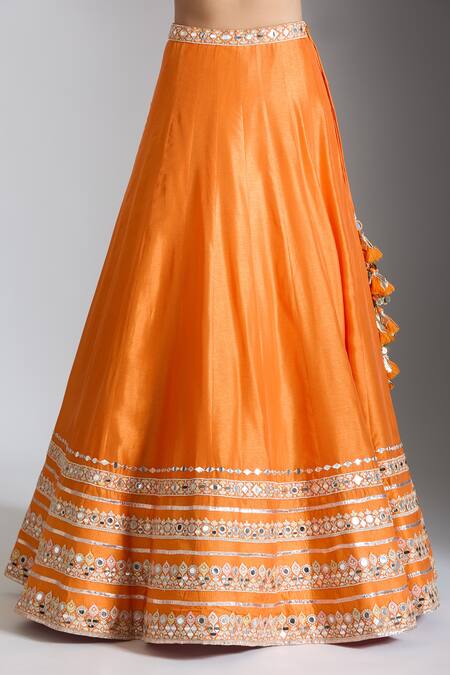 Gopi Vaid_Orange Tussar, Organza, Satin Mirrors, Embroidery Embellished Lehenga Set _at_Aza_Fashions