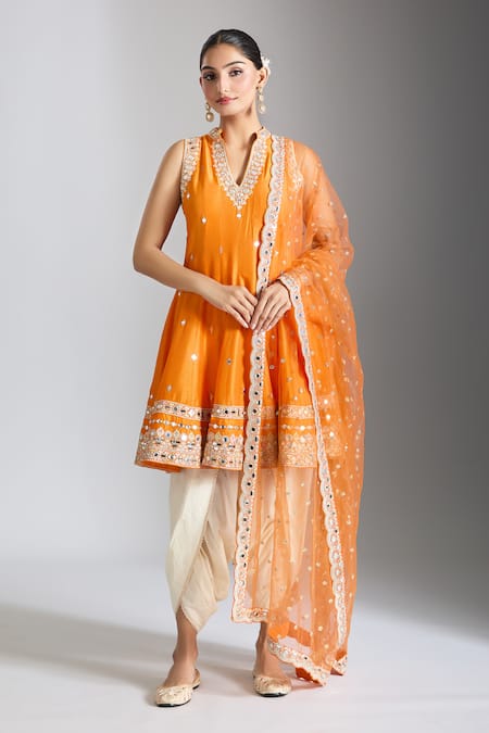 Gopi Vaid Mirror Embellished Orange Anarkali Set 