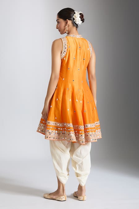 Shop_Gopi Vaid_Orange Tussar, Cotton, Silk, Net Mirrors Bandeau Neck Embellished Anarkali Set _at_Aza_Fashions