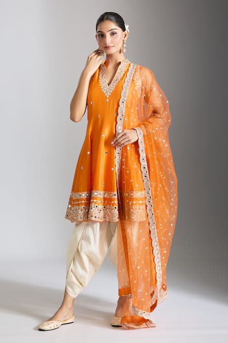 Gopi Vaid_Orange Tussar, Cotton, Silk, Net Mirrors Bandeau Neck Embellished Anarkali Set _Online_at_Aza_Fashions