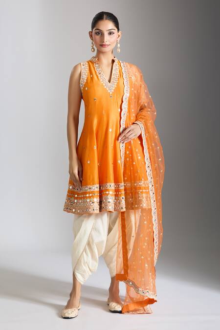 Buy_Gopi Vaid_Orange Tussar, Cotton, Silk, Net Mirrors Bandeau Neck Embellished Anarkali Set _Online_at_Aza_Fashions