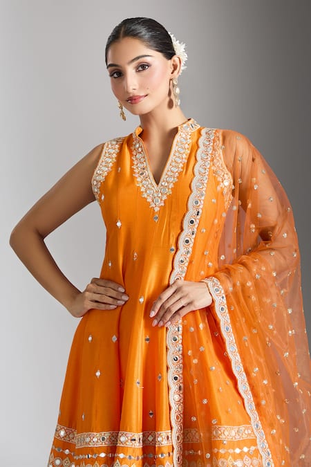 Shop_Gopi Vaid_Orange Tussar, Cotton, Silk, Net Mirrors Bandeau Neck Embellished Anarkali Set _Online_at_Aza_Fashions