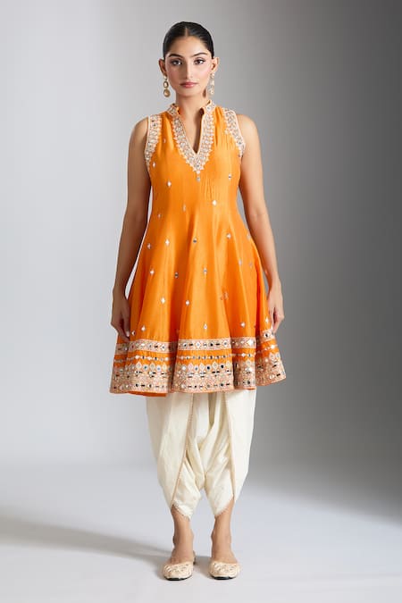 Gopi Vaid_Orange Tussar, Cotton, Silk, Net Mirrors Bandeau Neck Embellished Anarkali Set _at_Aza_Fashions